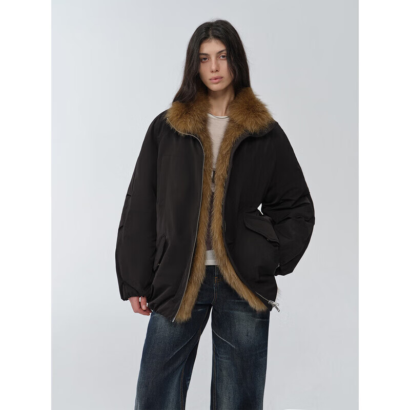 Fu Zhien's warm dialogue two-color fox fur collar detachable 90 goose down jacket mid-length down jacket military green