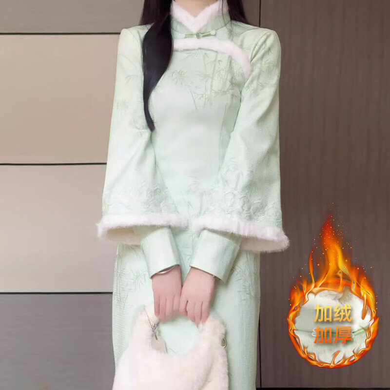 Green plush collar, ladylike style with inverted large sleeves, improved cheongsam for girls, retro Republic of China style dress that can be worn daily, green S (85-95 pounds)