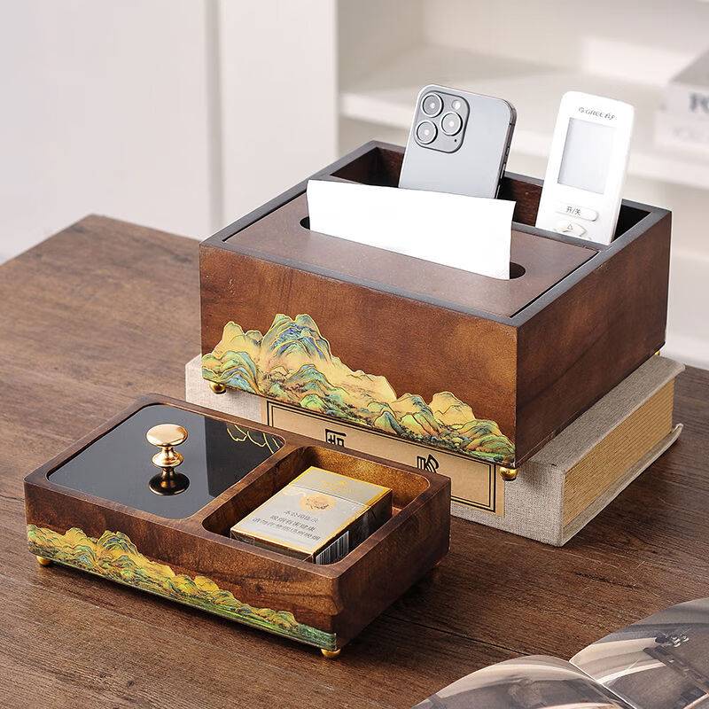 Walnut color solid wood living room tissue box home remote control storage new Chinese coffee table creative paper box fruit plate