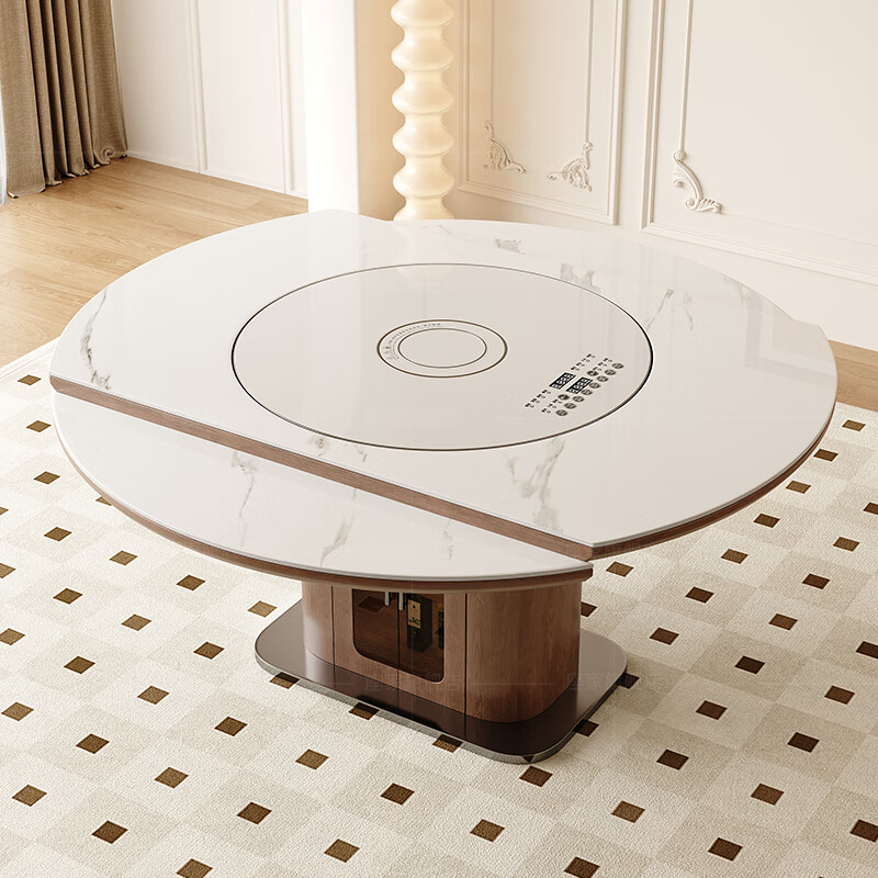 Zuojia solid wood slate smart dining table, light luxury and high-end household small apartment folding dual-purpose retractable round dining table and chairs, single table, hot dishes + induction cooker + electric turntable 1.5m