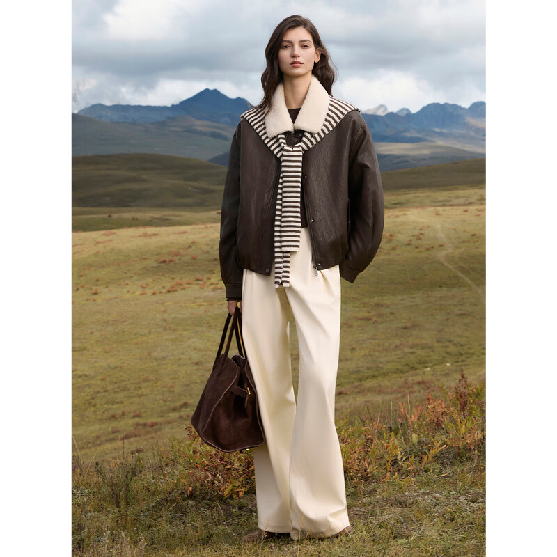 ELLE design plush lapel leather short jacket for women 2025 winter new high-end silhouette jacket top dark brown pre-sale M