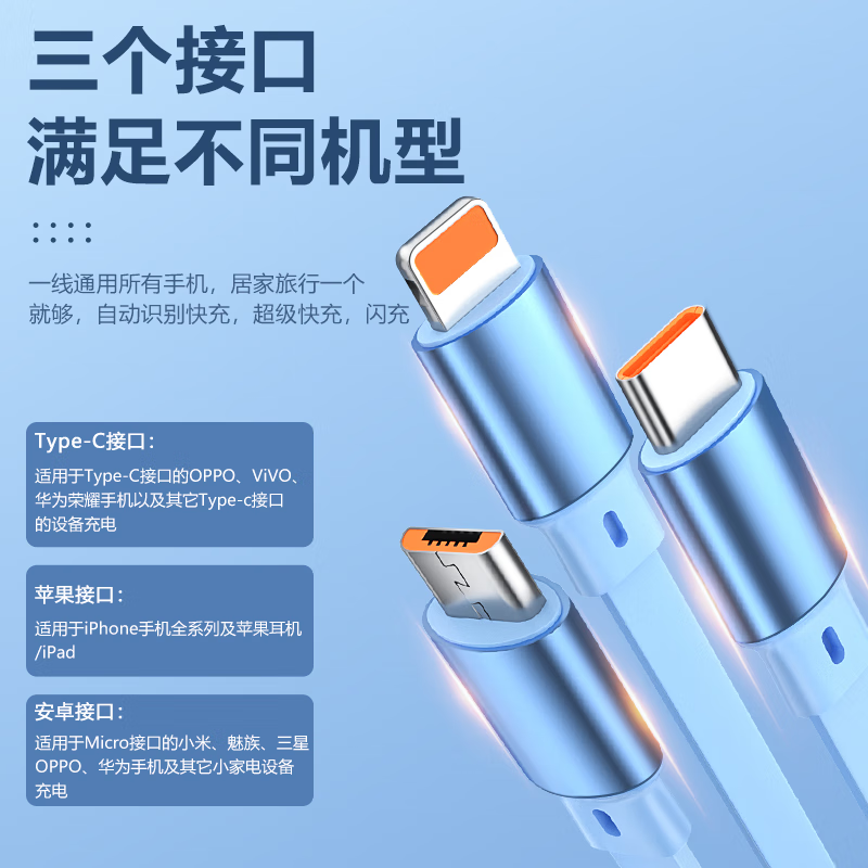 100W super fast charging three-in-one charging cable suitable for Apple vivo Huawei Xiaomi iPhone15 car universal multi-function 6A retractable charging cable 100W super fast charging cool black five-speed telescopic + compact and portable 1 promotional pack