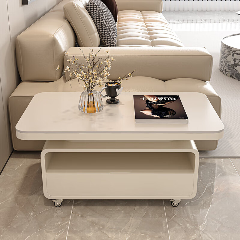 Puhuan mobile side table with wheels, new model for living room and coffee shop, small-sized tea table with stone slab, simple, light, luxurious and high-end side table, black frame, black cabinet + snow mountain white, 80 long, 45 wide, 47 high