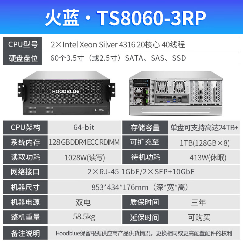 Hoodblue 10G fiber optic NAS network storage 60-bay rack-mounted domestic disk array shared data backup enterprise-class storage server TS8060-3RP-1440TB