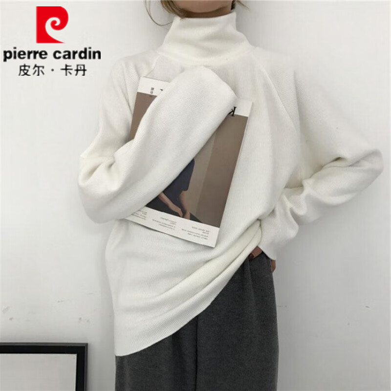 Pierre Cardin fat mm slimming bottoming shirt for women autumn and winter plus size women's 300 catties long-sleeved high-neck T-shirt with loose velvet top, white velvet XL 120-150 catties