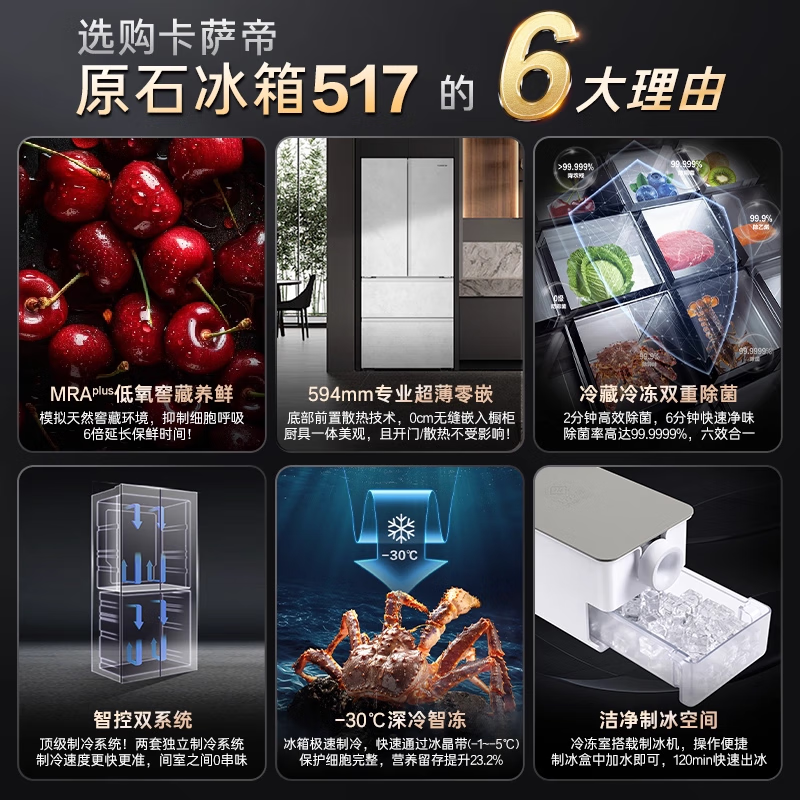 Casarte 517L ultra-thin zero-embedded first-class energy-efficiency variable frequency French multi-door automatic ice-making air-cooled frost-free household refrigerator 517 liters + 10-year compressor extended warranty card