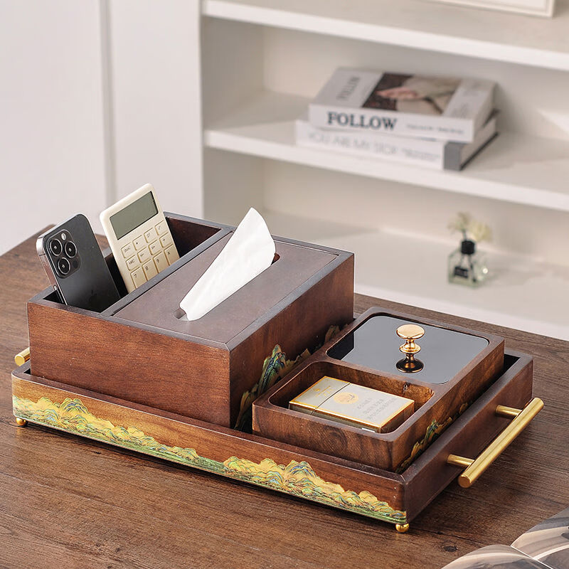 Walnut color solid wood living room tissue box home remote control storage new Chinese coffee table creative paper box fruit plate