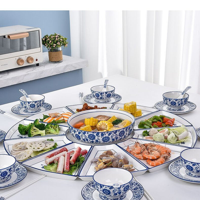 Kamanpai set Internet celebrity set Reunion platter tableware combination fan-shaped ceramic round table New Year plate dish plate household dishes blue and white 70 fan-shaped 11-piece set with Tai Chi plate