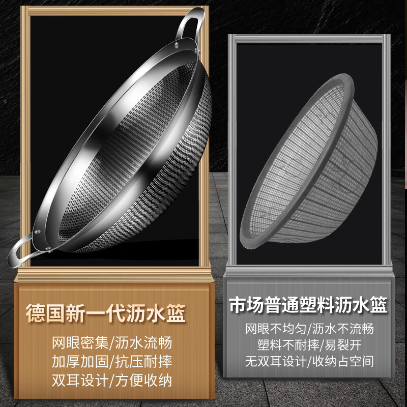 Wen Yijia 304 stainless steel drain basket rice basin household rice washing sieve vegetable fruit and vegetable water control basin set leaky basin large-drain basket (SUS304)