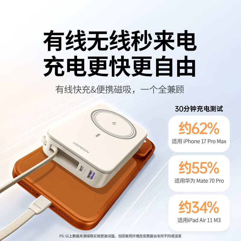 Greenlink 3C certified magnetic wireless power bank with built-in cable 20000 mAh 30W fast charging mobile power bank compatible with MagSafe Apple iPhone 17/16