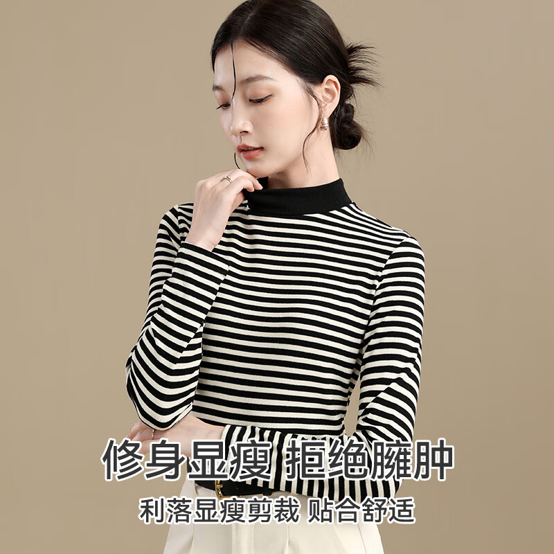 Catman half-turtle collar bottoming shirt for women with black and white stripes, autumn and winter long-sleeved advanced slim-fitting warm top