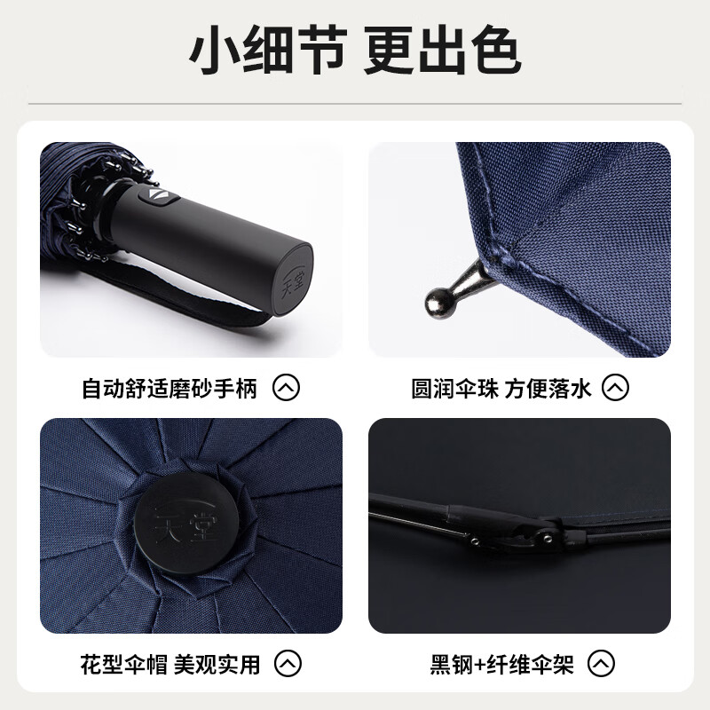 Paradise Umbrella Fully Automatic One-click Fully Folding Extra Large Three-fold Vinyl Folding Windproof Reinforced Heavy Rain Double Umbrella (Black) 125CM Large Fully Automatic 12 Ribs