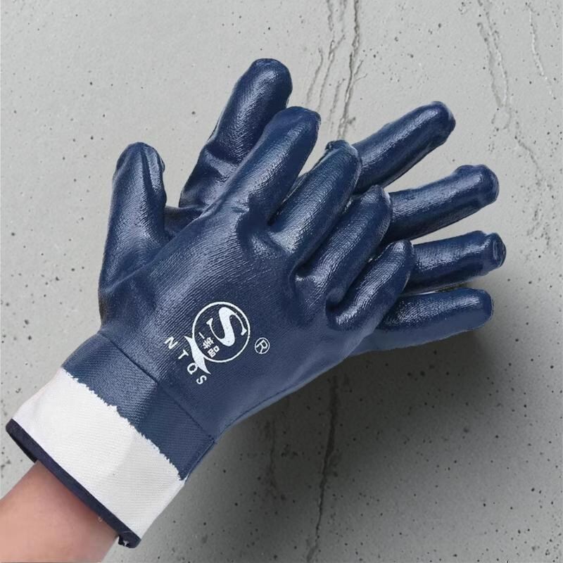 Gloves, work protection, wear-resistant, oil-proof rubber, non-slip, waterproof, oil-resistant, full rubber canvas, dipped in rubber, auto repair, nitrile protection, wide mouth blue (12 pairs), one size fits all