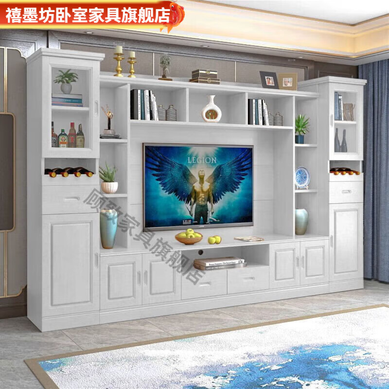 Ximofang Chinese solid wood TV cabinet combination background wall cabinet living room multi-functional video cabinet high cabinet floor storage cabinet wine cabinet 2.8 meters walnut color including door-to-door installation