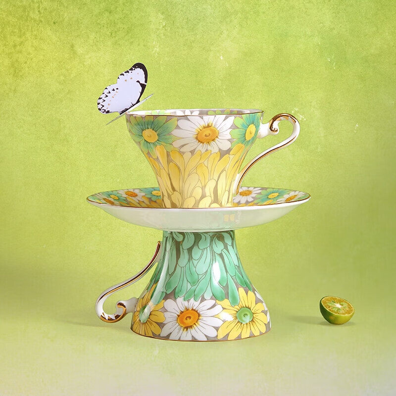 AYNSLEY Daisy Series Coffee Cup and Saucer Set Gift Box British Afternoon Tea Pair of Cups and Saucers High-Look Exquisite Gift Box Yellow + Green 2 Cups and 2 Saucers Exquisite Gift Box Daisy Series
