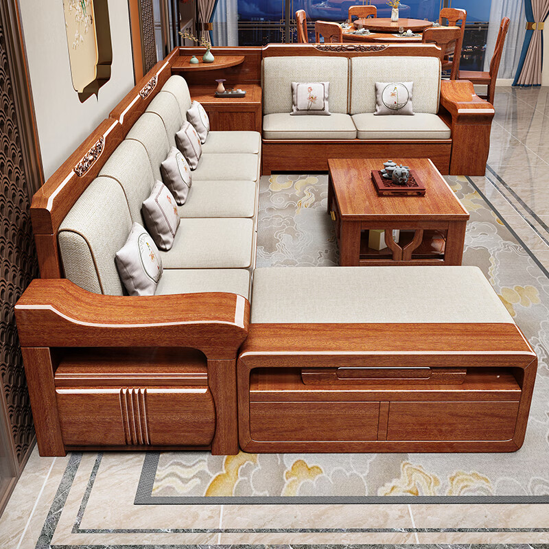 Shunju Treasures Factory direct sales clearance solid wood sofa combination modern new Chinese style wooden sofa simple living room dual use in winter and summer special clearance four seater + corner cabinet + double + imperial concubine + coffee table