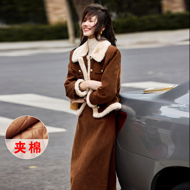 Awakening Paradise Winter Retro Modern Style Spliced Button Lapel Jacket Skirt Commuting Two-piece Suit Women Brown M