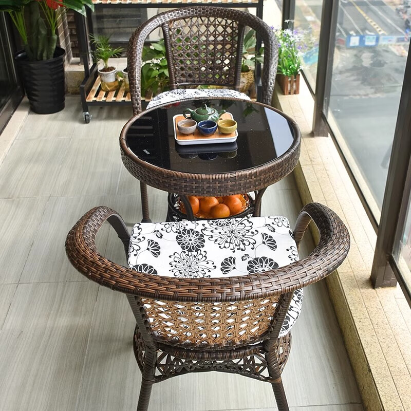 Rattan impression balcony tea table, small tea table, leisure table and chair three-piece set, outdoor open-air rattan chair set, courtyard home tea table, 2 chairs + 58 double-layer round table, free cushions