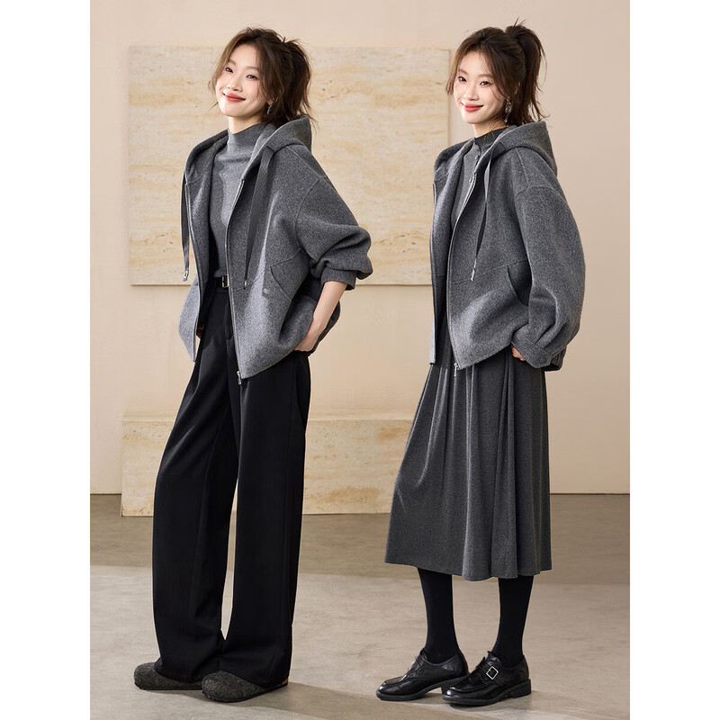 Mohan Yimei relaxed and lazy hooded double-sided woolen coat 25 winter casual high-end one-hand-length wool coat