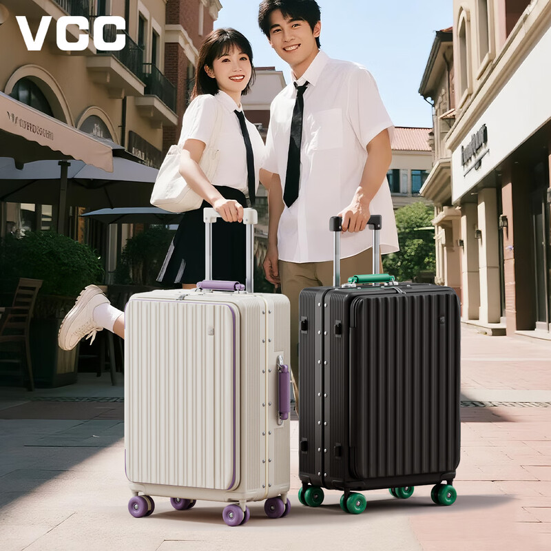 VCC aluminum frame suitcase trolley case with side opening cover for women, deep storage, large capacity, good looks, lightweight and durable suitcase, leather suitcase for men, white and orange, deep storage with side opening + leather handle, 24 inches, soft-sounding infused rubber wheels + dual USB charging interfaces