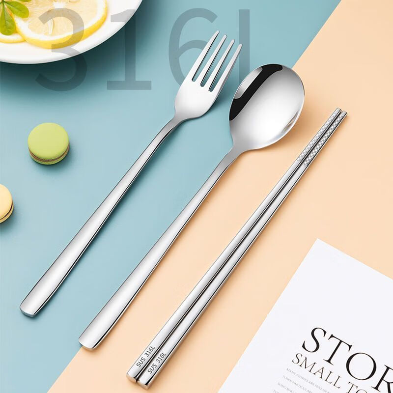 Raft core spoon 316 food grade adult universal 316L stainless steel chopsticks set three-piece set single portable meal orange 3-piece set + mesh bag