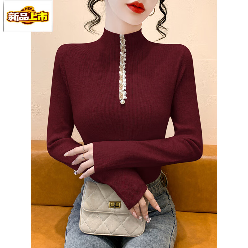 Early diameter studded semi-turtle collar long-sleeved knitted bottoming shirt for women, autumn and winter 2025 new style, slim-fitting inner top, fashionable oatmeal color S