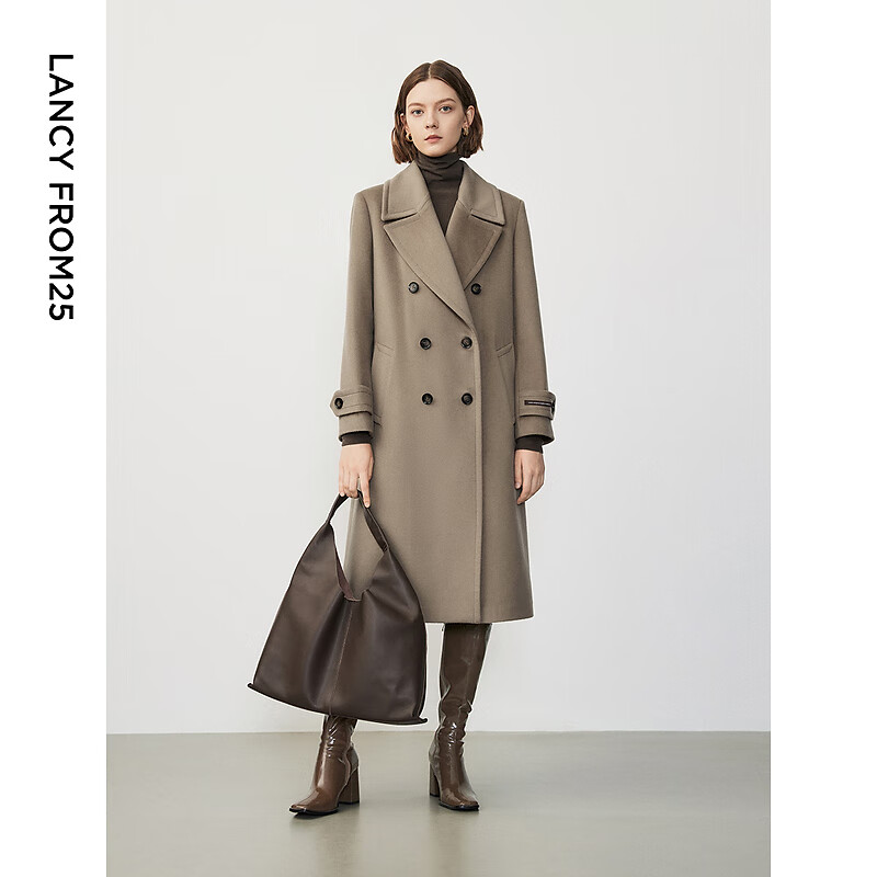 Langzi wool design and high-end commuting mid-length slim woolen jacket top, dark beige XL