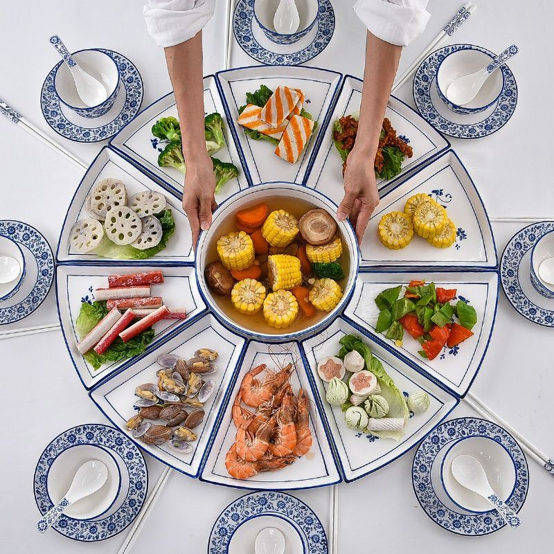 Kamanpai set Internet celebrity set Reunion platter tableware combination fan-shaped ceramic round table New Year plate dish plate household dishes blue and white 70 fan-shaped 11-piece set with Tai Chi plate