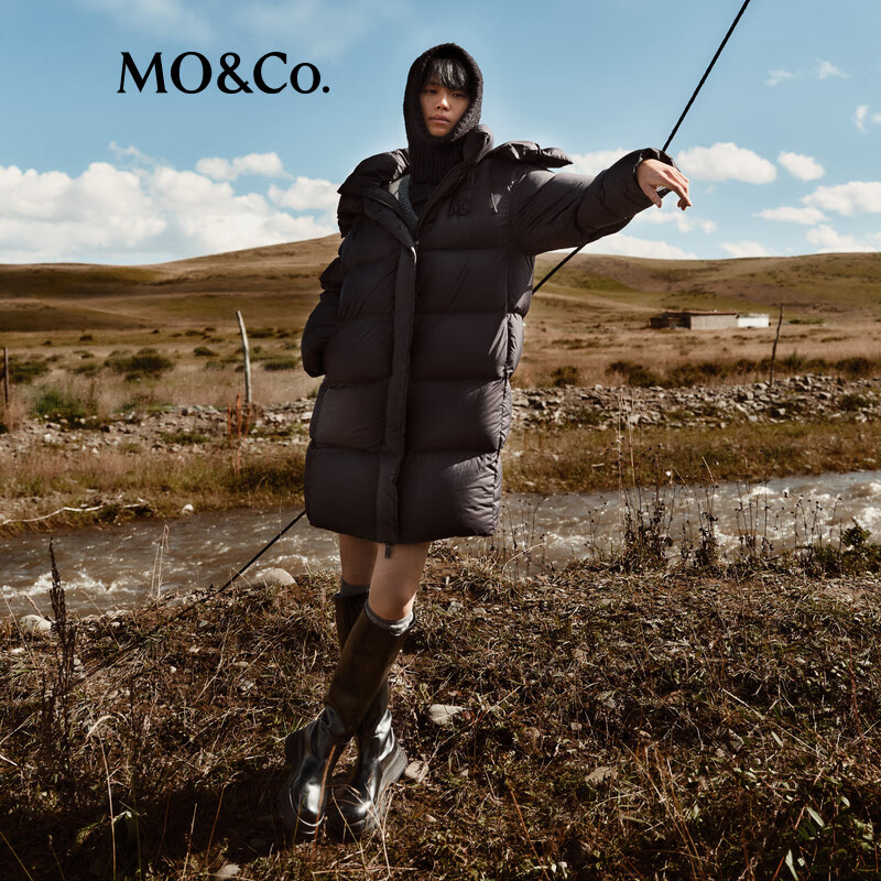 MO&Co. Down Jacket 90 velvet fluorine-free waterproof surface layer detachable hood head and neck integrated protection mid-length high fluffy light outdoor black S /160