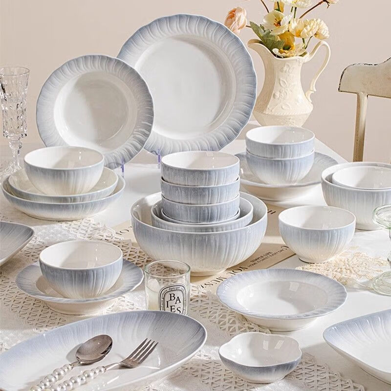 Runhua Nian underglaze color bowl and dish set for home 2025 new tableware, high-looking bowls and plates for moving into a new home, bowls, chopsticks and bowls as gifts, Yaohe, 40-piece set for eight people (microwave dishwasher compatible)