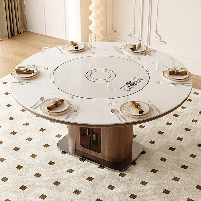 Zuojia solid wood slate smart dining table, light luxury and high-end household small apartment folding dual-purpose retractable round dining table and chairs, single table, hot dishes + induction cooker + electric turntable 1.5m