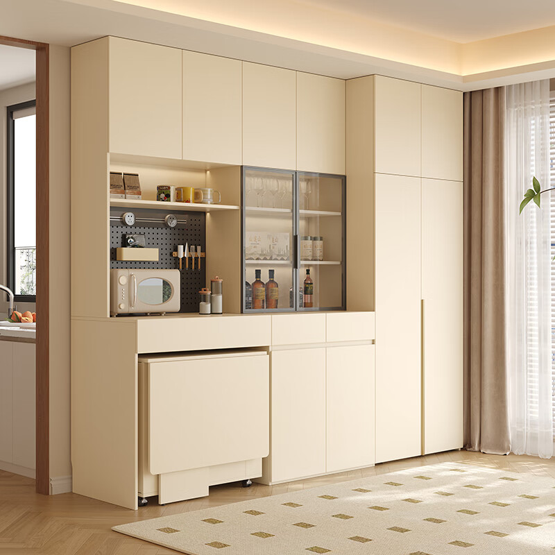 Customized ENF grade solid wood sideboard with integrated storage against the wall and dining table, which can be embedded into a high cabinet in the living room of a small apartment. 2.4 meters long * 2.1 meters high (six-door sideboard). Perforated board and double-hole track socket are provided by default.