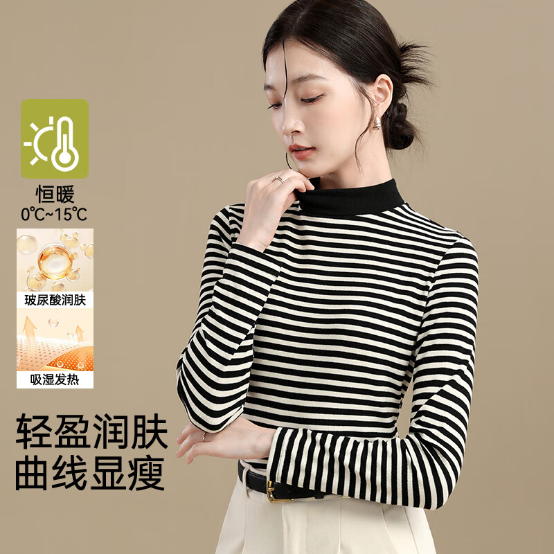 Catman half-turtle collar bottoming shirt for women with black and white stripes, autumn and winter long-sleeved advanced slim-fitting warm top