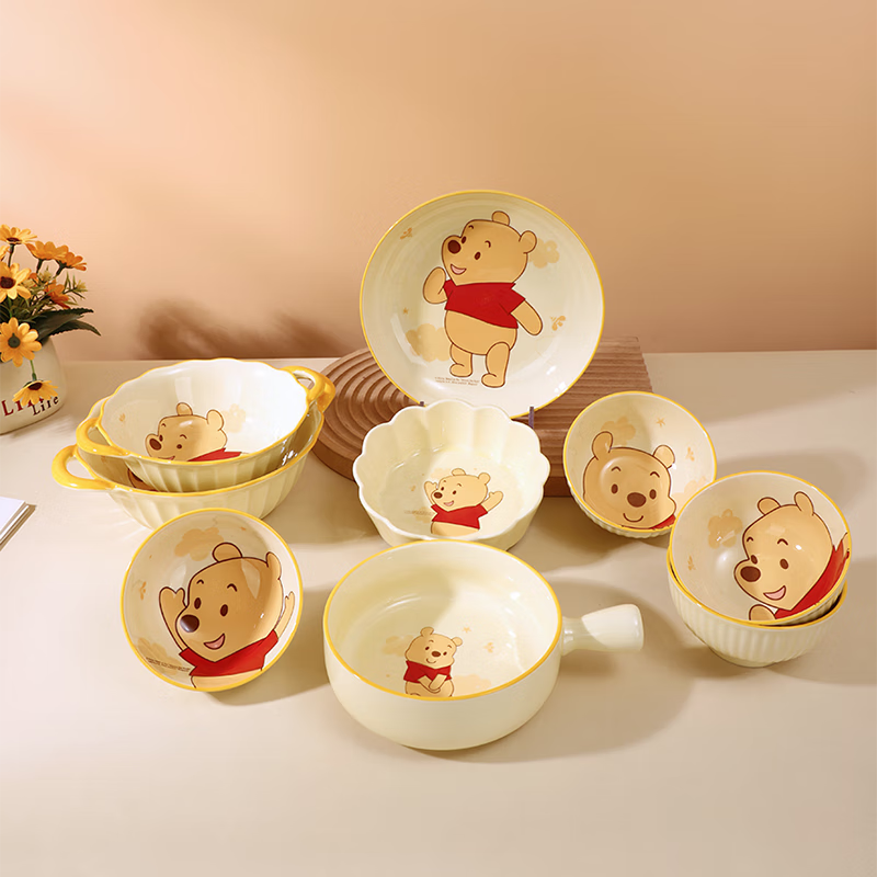 Disney Genuine New Cloud Winnie the Pooh Girls and Children Ceramic Rice Bowl Tableware Home Exquisite Non-Slip Anti-scald 8 Vertical Pattern Deep Disc Cloud Pooh