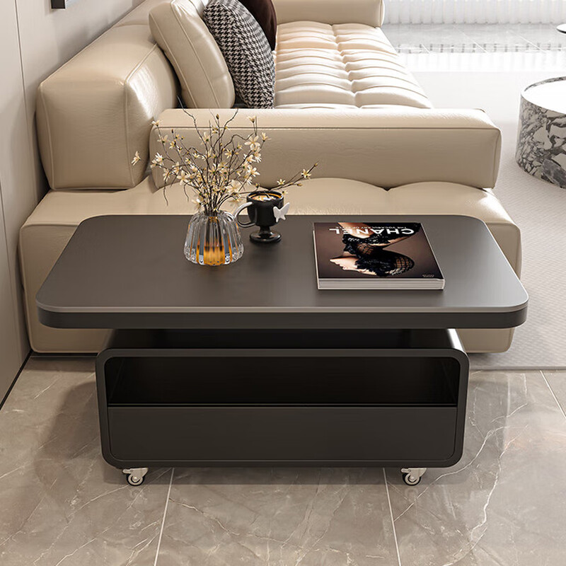 Puhuan mobile side table with wheels, new model for living room and coffee shop, small-sized tea table with stone slab, simple, light, luxurious and high-end side table, black frame, black cabinet + snow mountain white, 80 long, 45 wide, 47 high