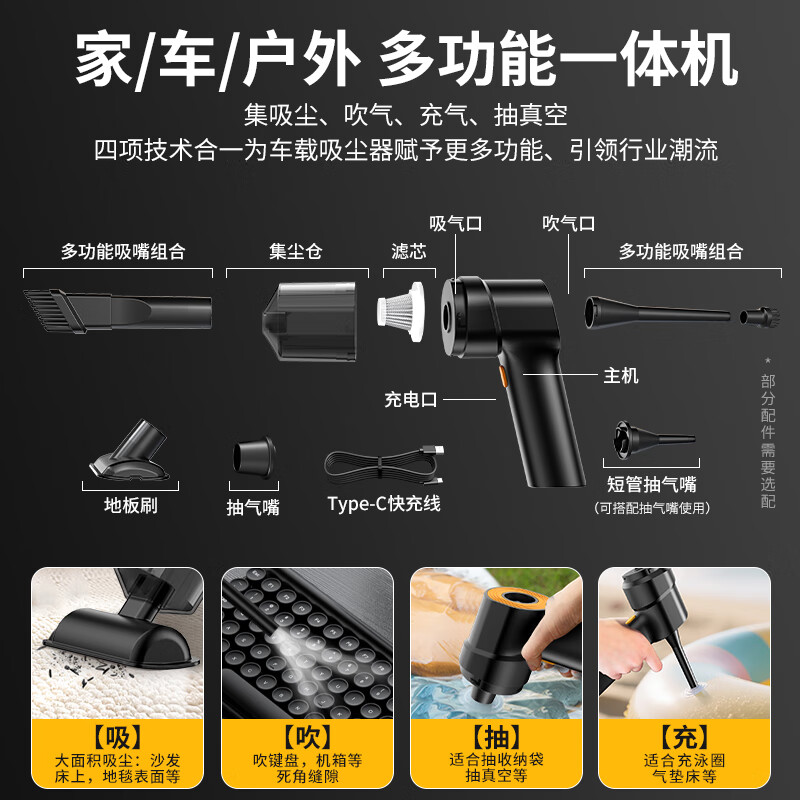 CHIGO Car Vacuum Cleaner Home High Suction Wireless Handheld Desktop Portable New Energy Dust Collector for Small Cars 120W Upgraded Model + Four Uses of Suction, Blowing and Charging + Filter Element*3