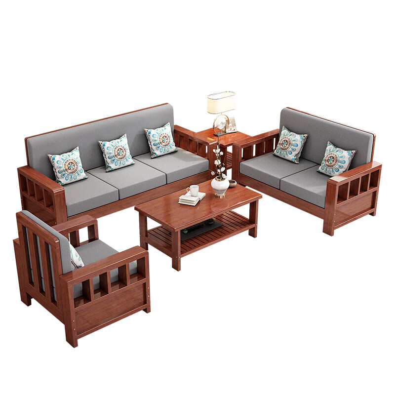 Liulianju New Chinese-style all-solid wood sofa combination small-sized home living room winter and summer dual-use economical all-solid wood sofa four-seater teak color 2.6 meters (comes with seat cushion + back cushion + pillow) including installation