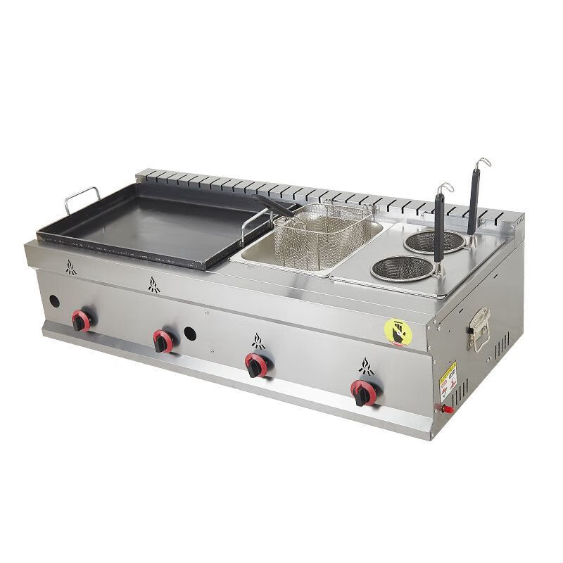 Teruiside gas-fired pot sticker machine, commercial stall, Teppanyaki hand cake, pan-fried bun, deep-fried combination machine, fried dumpling and potato cake machine, 73 pot sticker machine, double boiler + 2 noodles