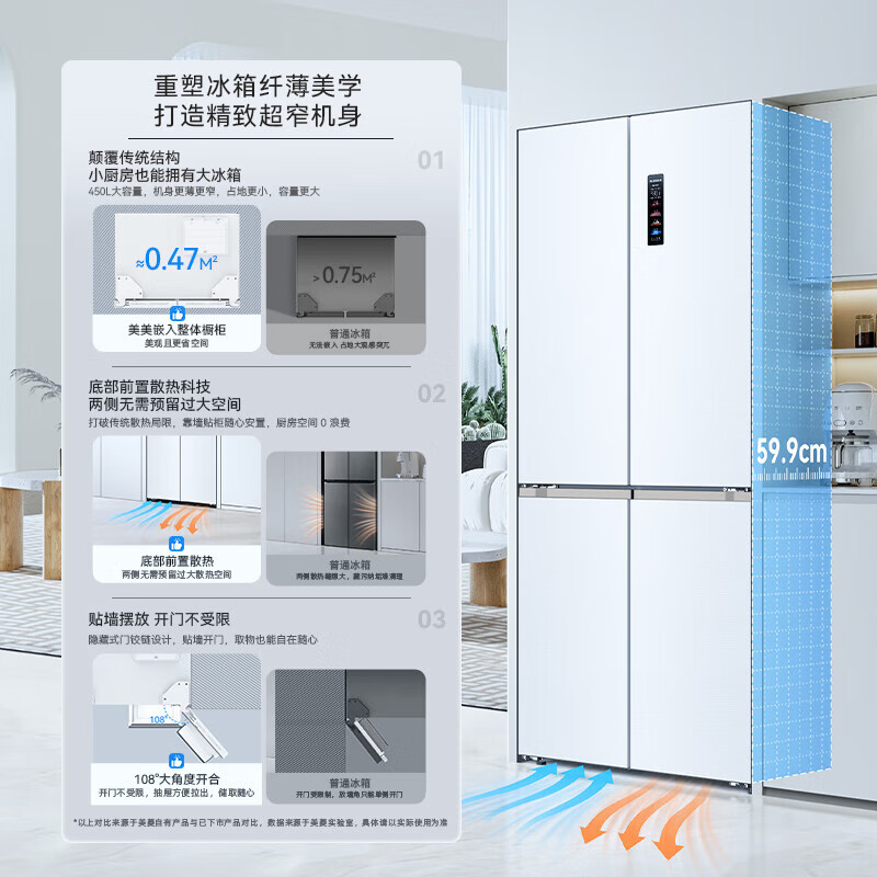 MeiLing White Whale 450L automatic ice making cross four-door refrigerator dual system ultra-thin zero-embedded active sterilization bottom cooling BCD-450WSPU9CIZX