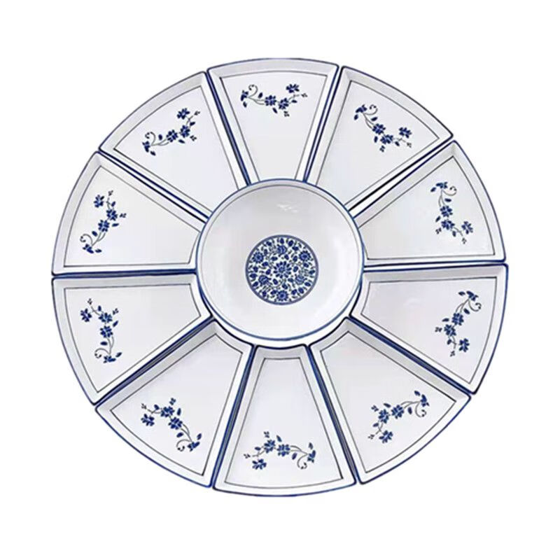 Kamanpai set Internet celebrity set Reunion platter tableware combination fan-shaped ceramic round table New Year plate dish plate household dishes blue and white 70 fan-shaped 11-piece set with Tai Chi plate