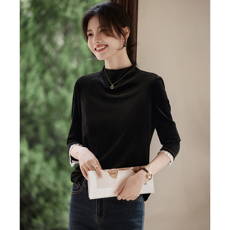 Shangjing small design fungus lace sleeve velvet shirt autumn and winter fashionable half turtleneck bottoming shirt for women