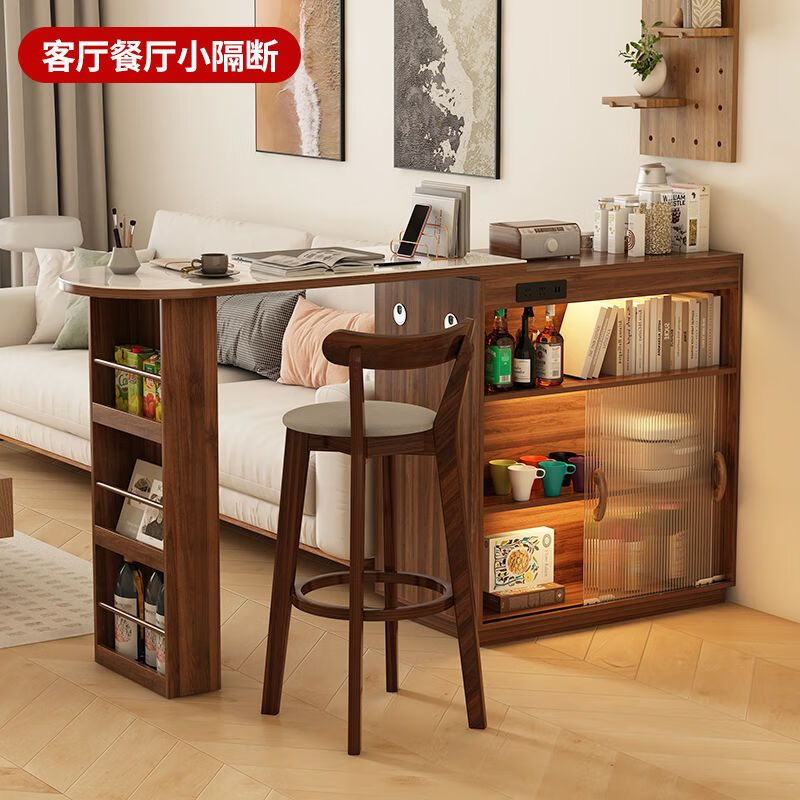 Mattuson glass bar table home integrated sideboard living room island dining table small apartment retractable partition storage internet celebrity walnut color bar cabinet + mobile combination table including sensor light socket upon arrival and installation by yourself