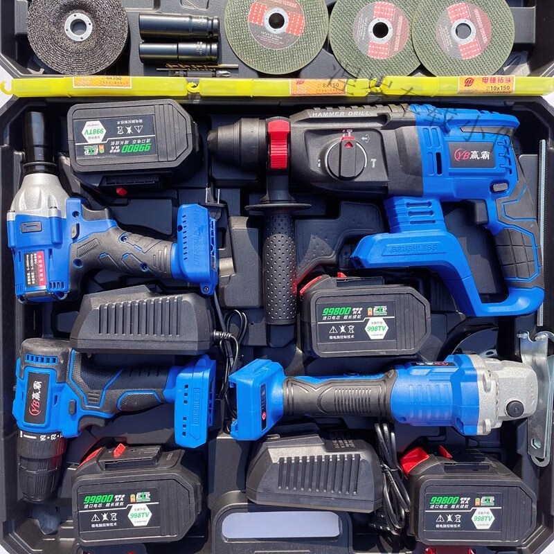 Mo Peng power tool set four-piece brushless lithium battery four-piece rechargeable electric drill wrench electric hammer angle grinder wind cannon polishing German brushless luxury set combination high four-piece set 4 electric hammer + angle grinder + electric wrench + brushless electric drill