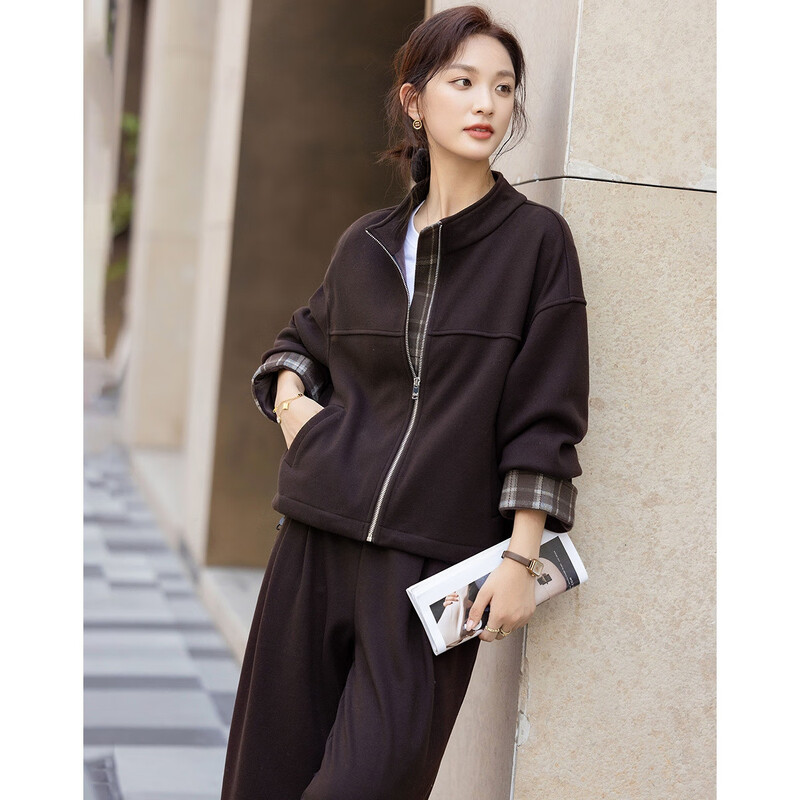 Demana style suit, winter temperament stand-up collar plaid splicing jacket, contrasting color elastic waist trousers, women's two-piece set
