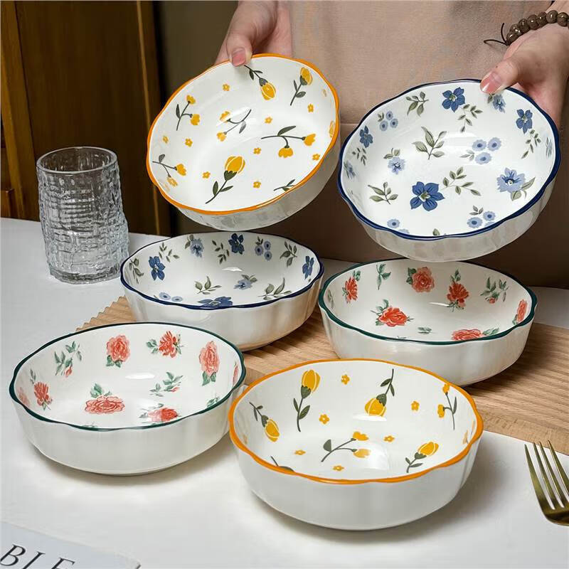 Ins ceramic 6-inch ceramic lace bowl baking bowl fruit salad bowl yogurt bowl noodle bowl ceramic tableware 1 piece 6-inch flower tulip bowl