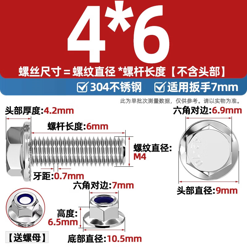 Fengji 304 stainless steel flange surface anti-slip external hexagonal screw bolt nylon anti-loosening nut combination 5M6M8-M12 M4*6-10 sets