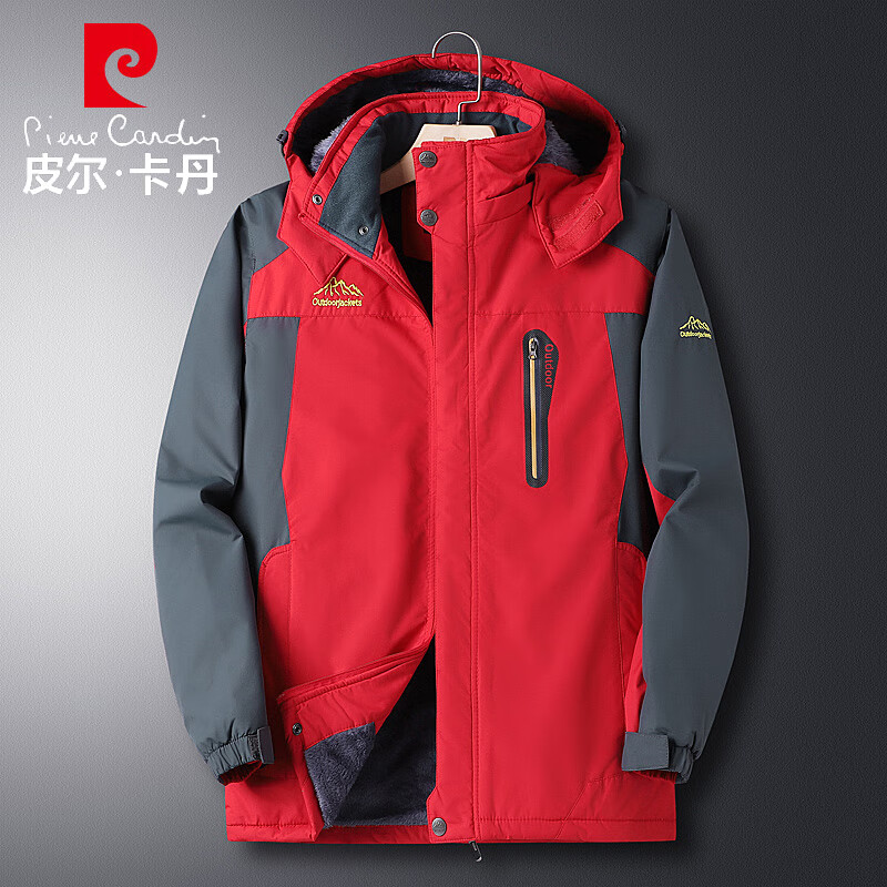 Pierre Cardin Jacket Men's Autumn and Winter Jacket Long Sleeve Velvet Thickened Windproof Outdoor Sportswear Black 2XL