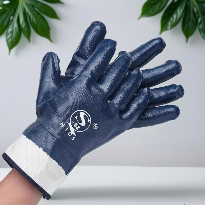 Gloves, work protection, wear-resistant, oil-proof rubber, non-slip, waterproof, oil-resistant, full rubber canvas, dipped in rubber, auto repair, nitrile protection, wide mouth blue (12 pairs), one size fits all