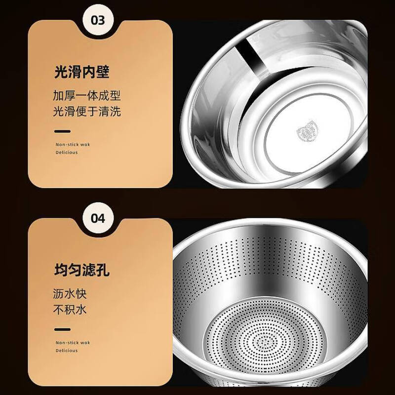 Yong Huan Extra Thick 304 Stainless Steel Wash Basin Drain Basket Household Leak Basin Rice Washing Sieve Filter Wash Basket Fruit Drain Basin Thickened/Small Hole Leak Basin 70cm (Single Basin)