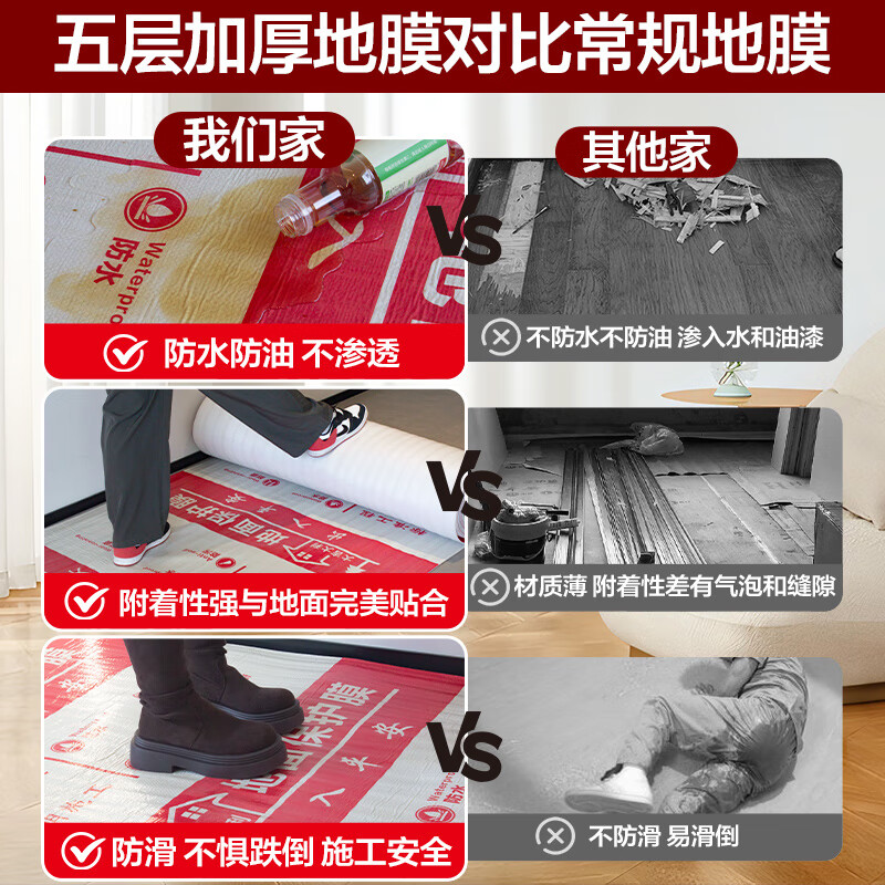 Guzhangmen floor decoration protective film, mulch film, decoration floor tiles, ceramic tiles, wood floor protective film, protective pad, five-layer thickened bright film, ultra-thick five-layer bright film alloy, EV cotton 3.0mm 100 square meters, free enough tape + cutter